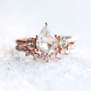 White Sapphire Ring, Pear Sapphire Engagement Ring Set, Unique Sapphire Wedding Set, Sapphire Diamond Ring White Sapphire Ring, Pear Sapphire Engagement Ring Set, Unique Sapphire Wedding Set, Sapphire Diamond Ring