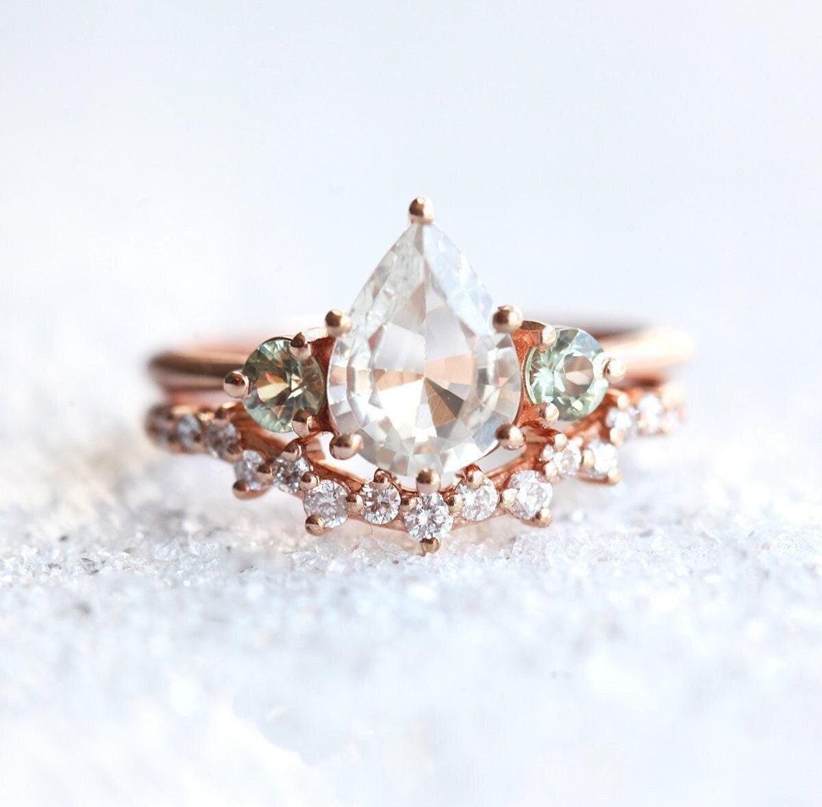 White Sapphire Ring, Pear Sapphire Engagement Ring Set, Unique Sapphire Wedding Set, Sapphire Diamond Ring