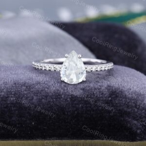 Pear shaped natural white sapphire engagement ring vintage white gold engagement ring Half eternity Diamond Bridal Anniversary gift for her Pear shaped natural white sapphire engagement ring vintage white gold engagement ring Half eternity Diamond Bridal Anniversary gift for her
