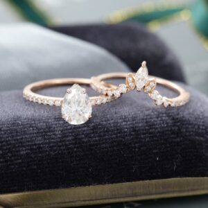 Pear shaped White Sapphire engagement ring set vintage Bridal set Rose Gold art deco Marquise cut Bridal ring Anniversary gift for women Pear shaped White Sapphire engagement ring set vintage Bridal set Rose Gold art deco Marquise cut Bridal ring Anniversary gift for women