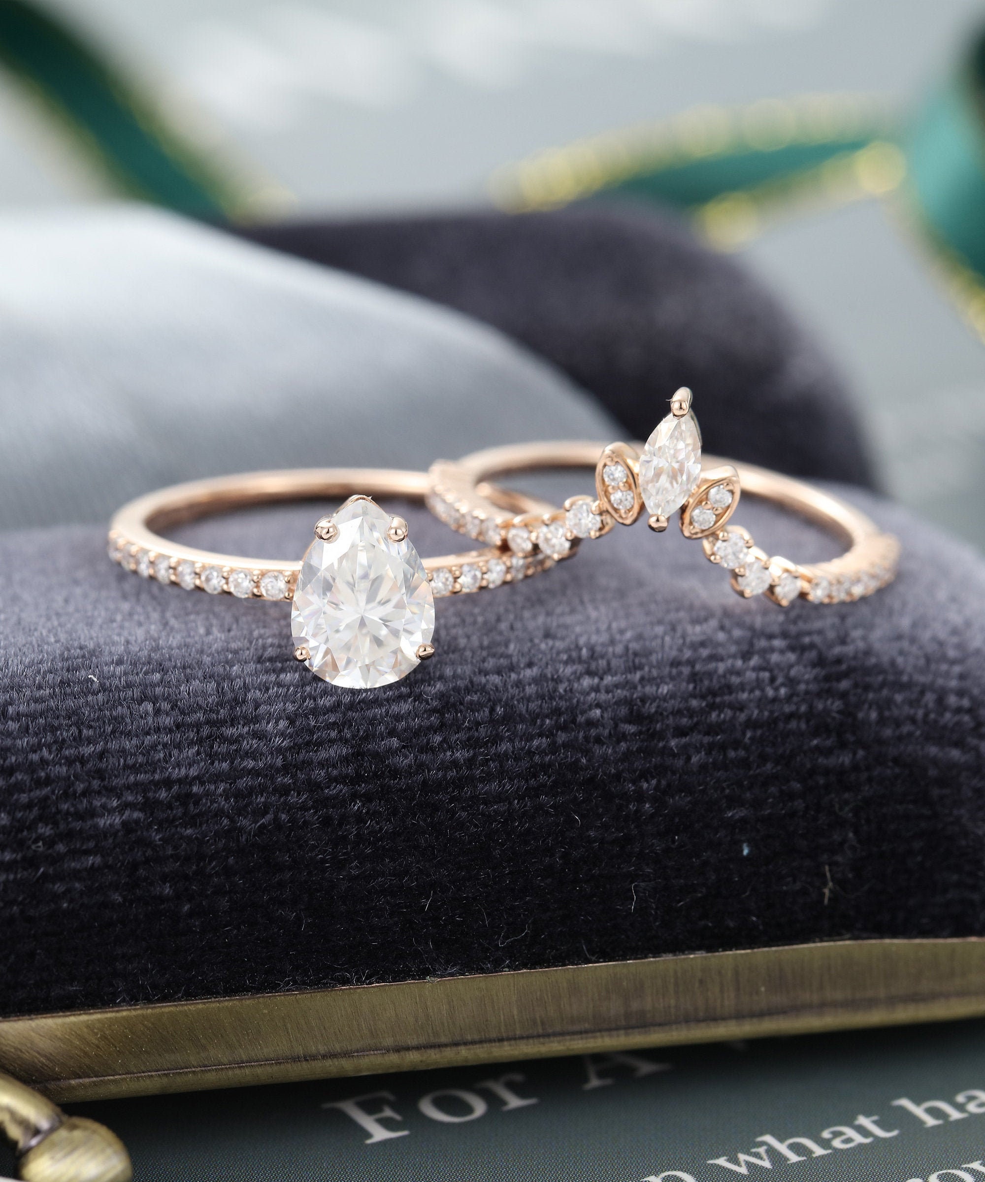 Pear Shaped White Sapphire Engagement Ring Set Vintage Bridal Set Rose Gold Art Deco Marquise Cut Bridal Ring Anniversary Gift For Women