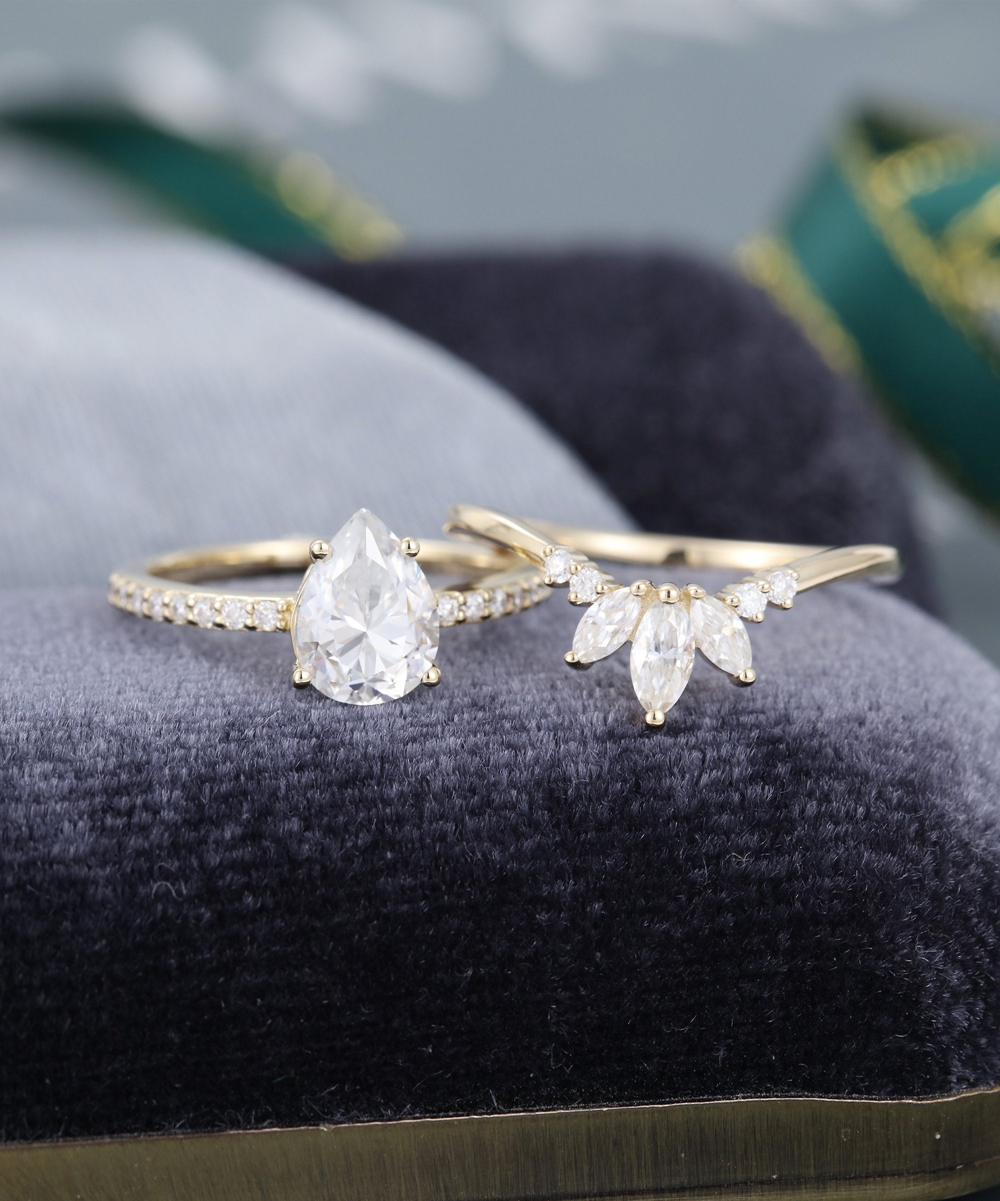 Pear Shaped White Sapphire Engagement Ring Set Yellow Gold Engagement Ring Vintage Curved Marquise Cut Ring Bridal Anniversary Gift
