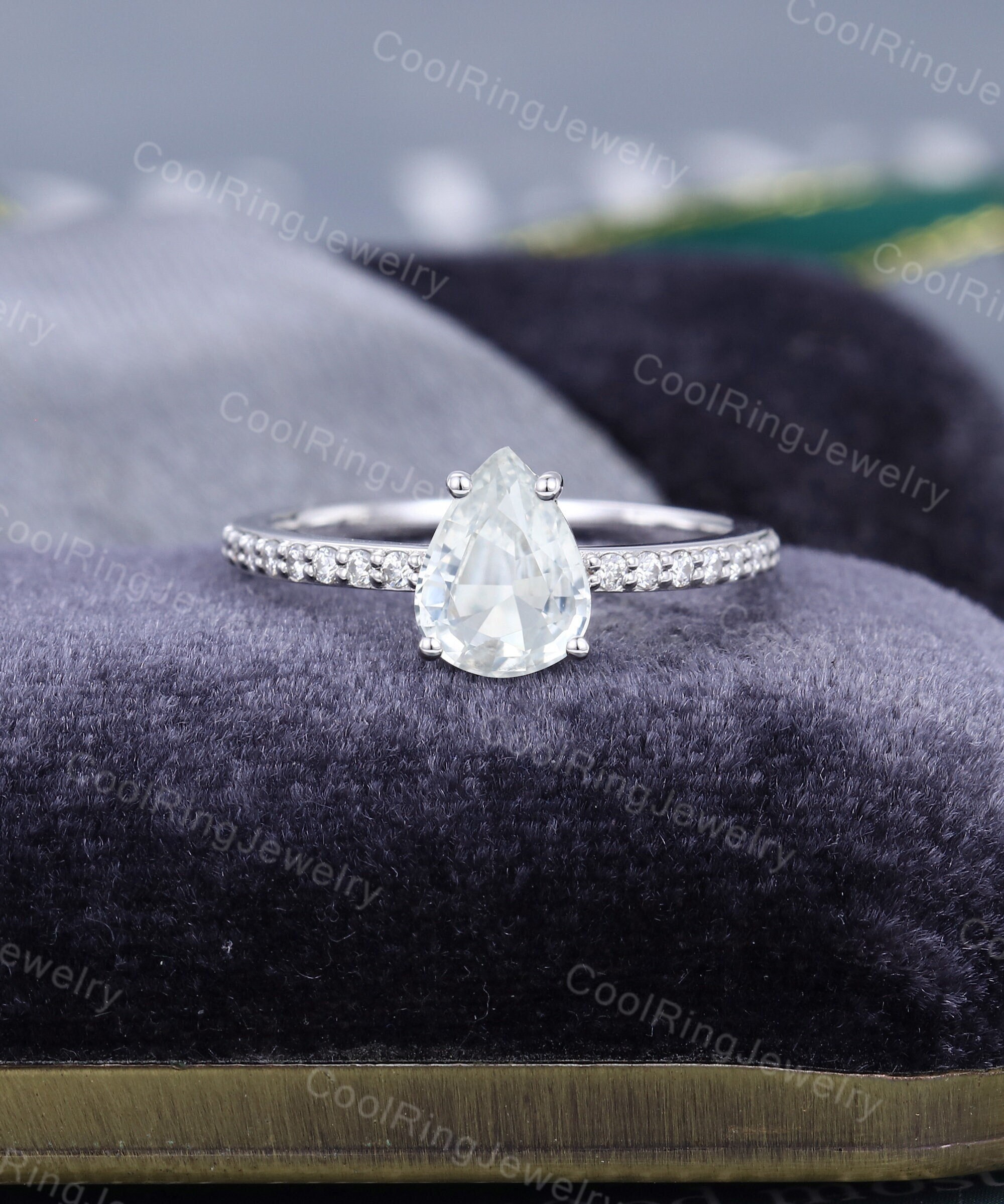 Pear Shaped Natural White Sapphire Engagement Ring Vintage White Gold Engagement Ring Half Eternity Diamond Bridal Anniversary Gift For Her