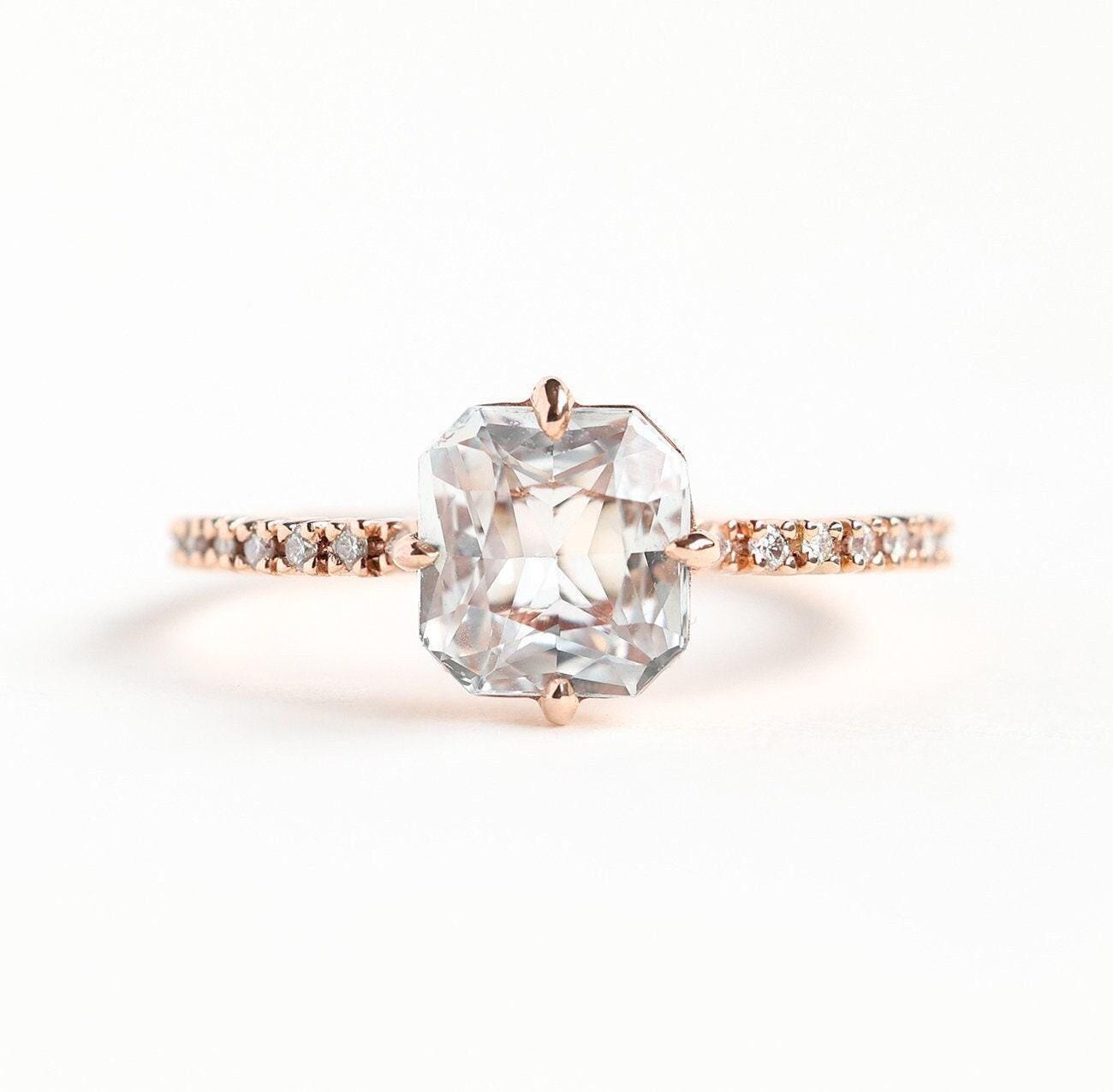 White Sapphire Ring Rose Gold, Radiant Cut Sapphire Diamond Ring, Classic Engagement Ring White Sapphire Ring Rose Gold, Radiant Cut Sapphire Diamond Ring, Classic Engagement Ring