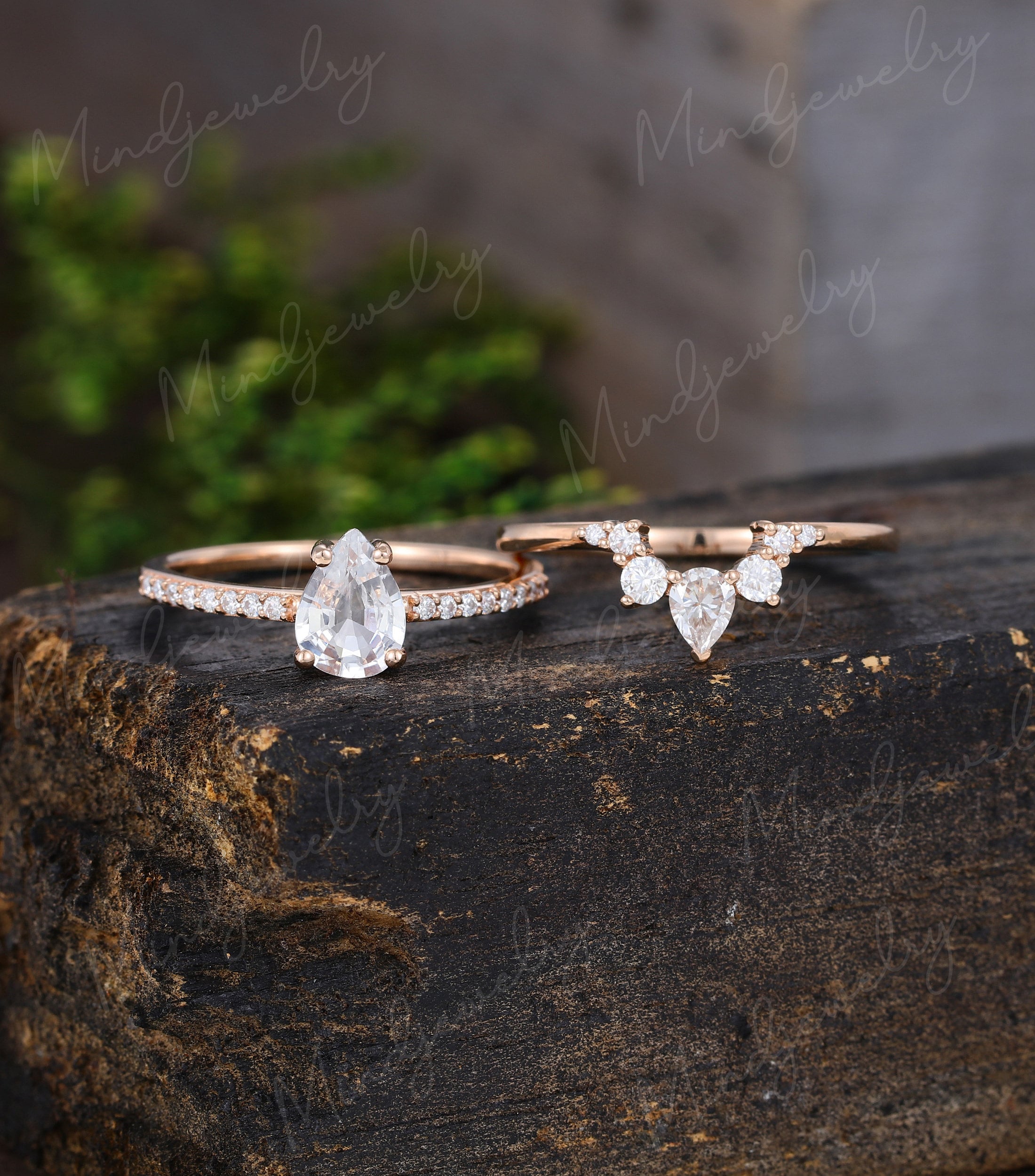 Rose Gold Engagement Ring Set Vintage Pear Shaped White Sapphire Engagement Ring For Women Unique Wedding Bridal Anniversary Gift For Her