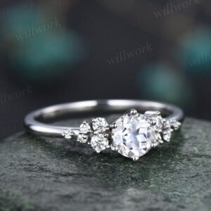 Round cut white sapphire ring vintage white sapphire engagement ring 14k white gold dainty snowdrift diamond ring women unique promise ring Round cut white sapphire ring vintage white sapphire engagement ring 14k white gold dainty snowdrift diamond ring women unique promise ring