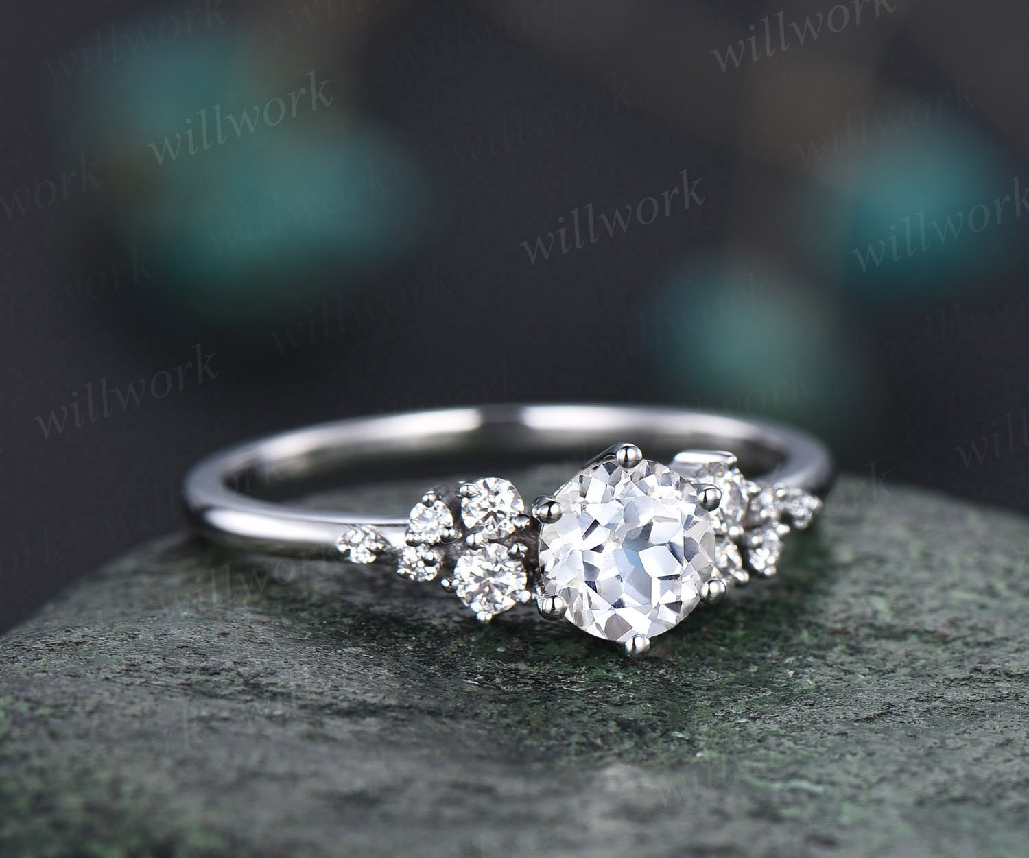 Round Cut White Sapphire Ring Vintage White Sapphire Engagement Ring 14k White Gold Dainty Snowdrift Diamond Ring Women Unique Promise Ring