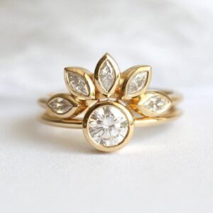 Unique Bridal Set, Diamond Engagement Ring Set, White Sapphire Or Moissanite Set, Solitaire & Leaf Crown