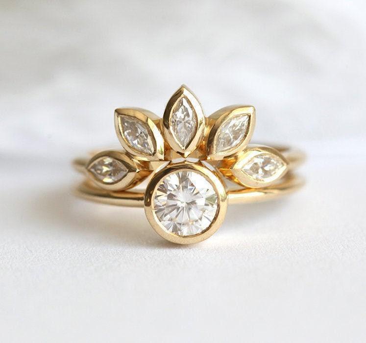 Unique Bridal Set, Diamond Engagement Ring Set, White Sapphire Or Moissanite Set, Solitaire & Leaf Crown