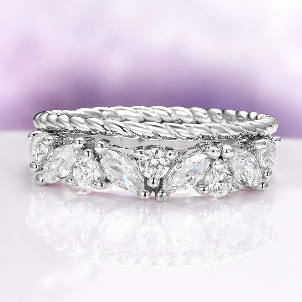 White Sapphire Wedding Band In 925 Sterling Silver- Unique Marquise Cut Stacking Ring Set- Diamond Engagement Or Promise Ring- Gift For Her