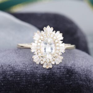 Yellow Gold Engagement Ring Vintage White Sapphire Engagement Ring Unique Halo Diamond Baguette Antique Art Deco Bridal Anniversary Gift