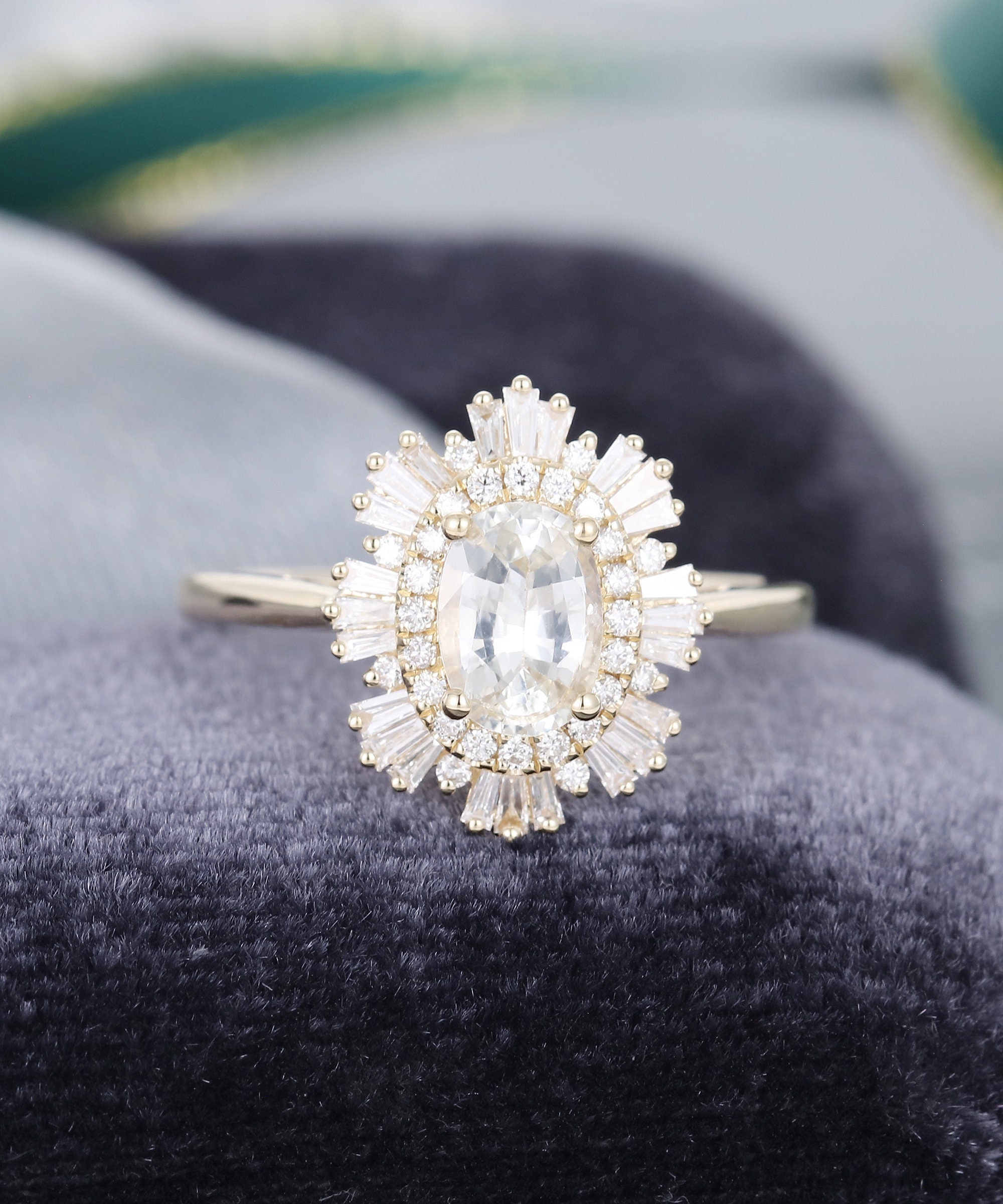 Yellow Gold Engagement Ring Vintage White Sapphire Engagement Ring Unique Halo Diamond Baguette Antique Art Deco Bridal Anniversary Gift