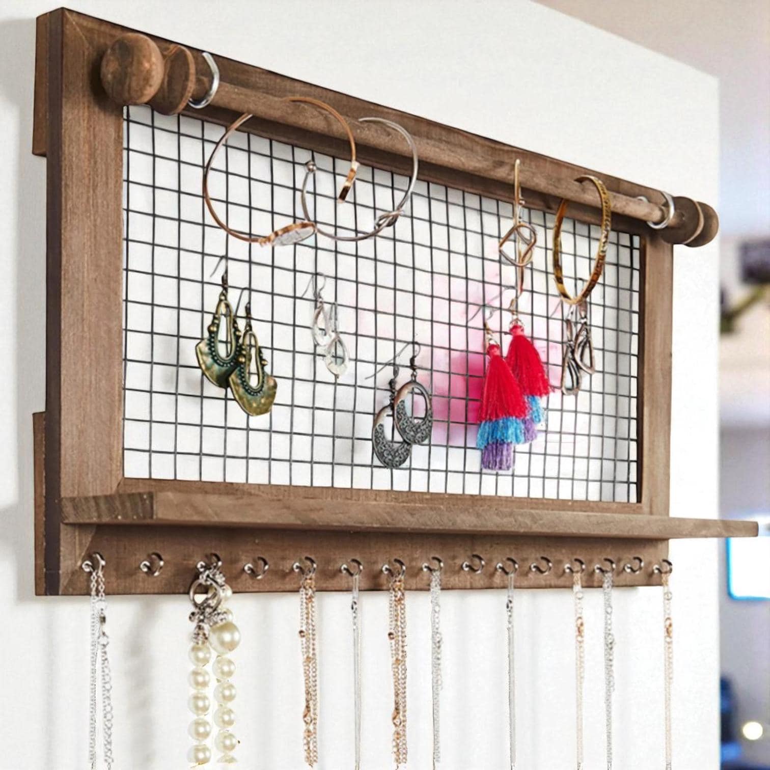 Wooden Wall Jewellery Rack, Earring Display Stand, Hanging Organiser For Necklaces, Bracelets & Rings