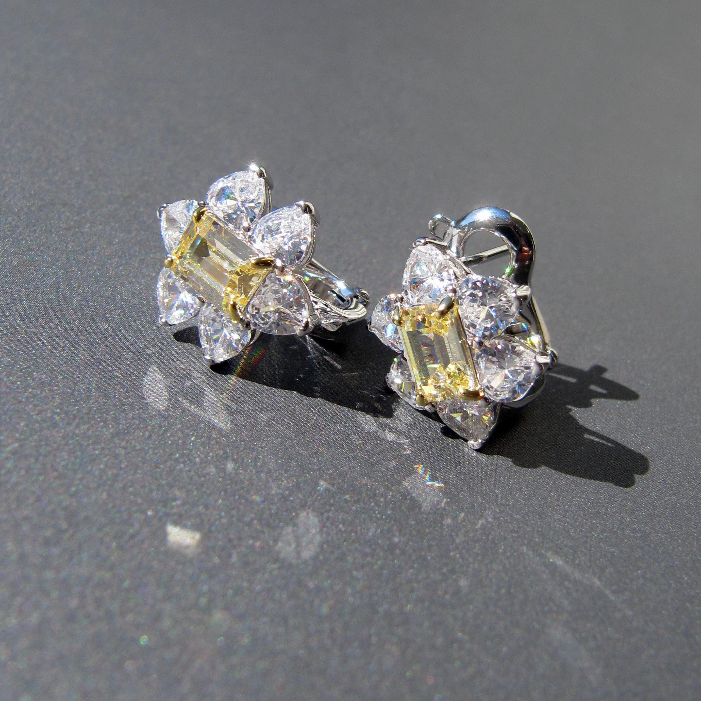 Yellow Sapphire Daisy Stud Earrings In Sterling Silver • 14x16mm • English Lock • Cubic Zirconia Cz • Tariff Free To Usa