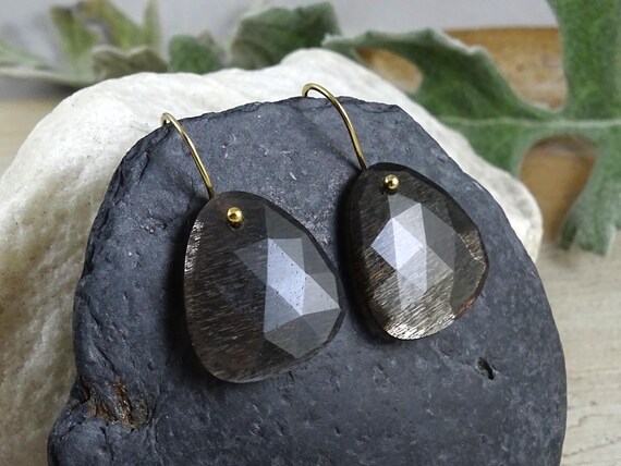 Sapphire Dangle Earrings | Yellow Sapphire Triangles | Natural 14k Gold Saphire Gemstone | Brown Sapphire Drop Earrings For Men, Women