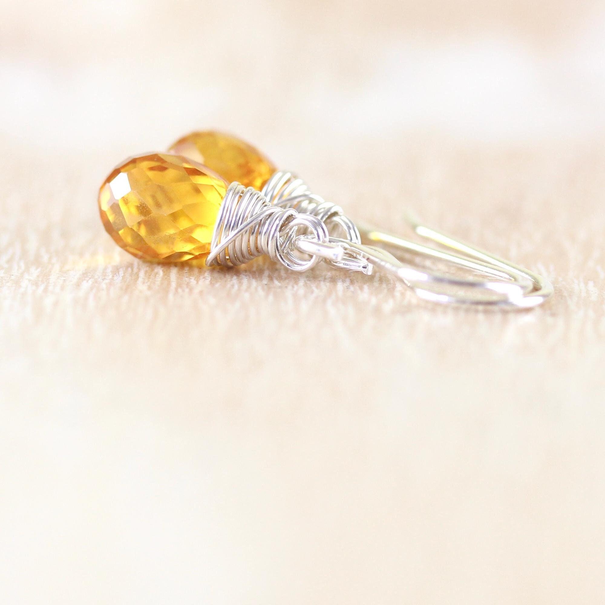 Yellow Sapphire Earrings In Sterling Silver, Gold Or Rose Gold Filled, 10 X 7mm Wire Wrapped Faceted Teardrop