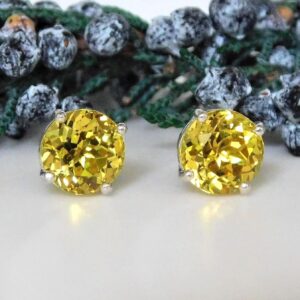 New Yellow Sapphire 8mm Stud Earrings: Sterling Silver, September Birthstone New Yellow Sapphire 8mm Stud Earrings: Sterling Silver, September Birthstone