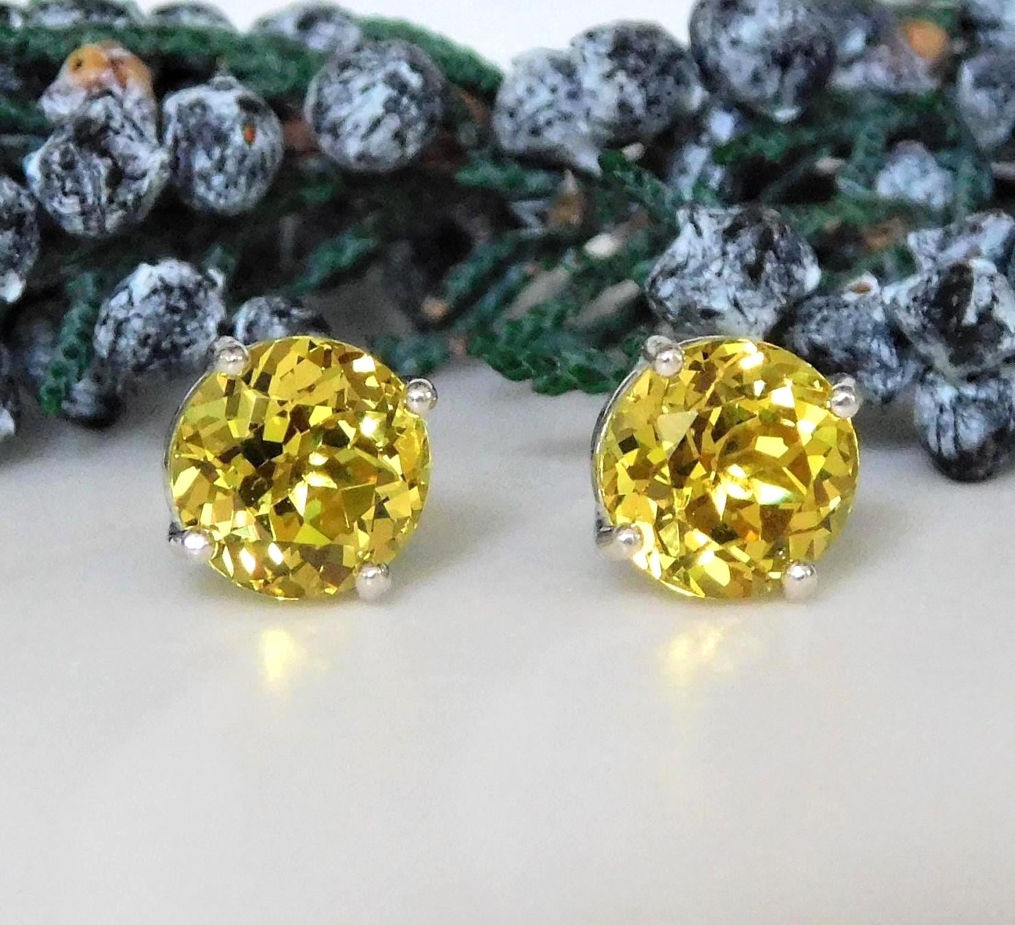 New Yellow Sapphire 8mm Stud Earrings: Sterling Silver, September Birthstone New Yellow Sapphire 8mm Stud Earrings: Sterling Silver, September Birthstone