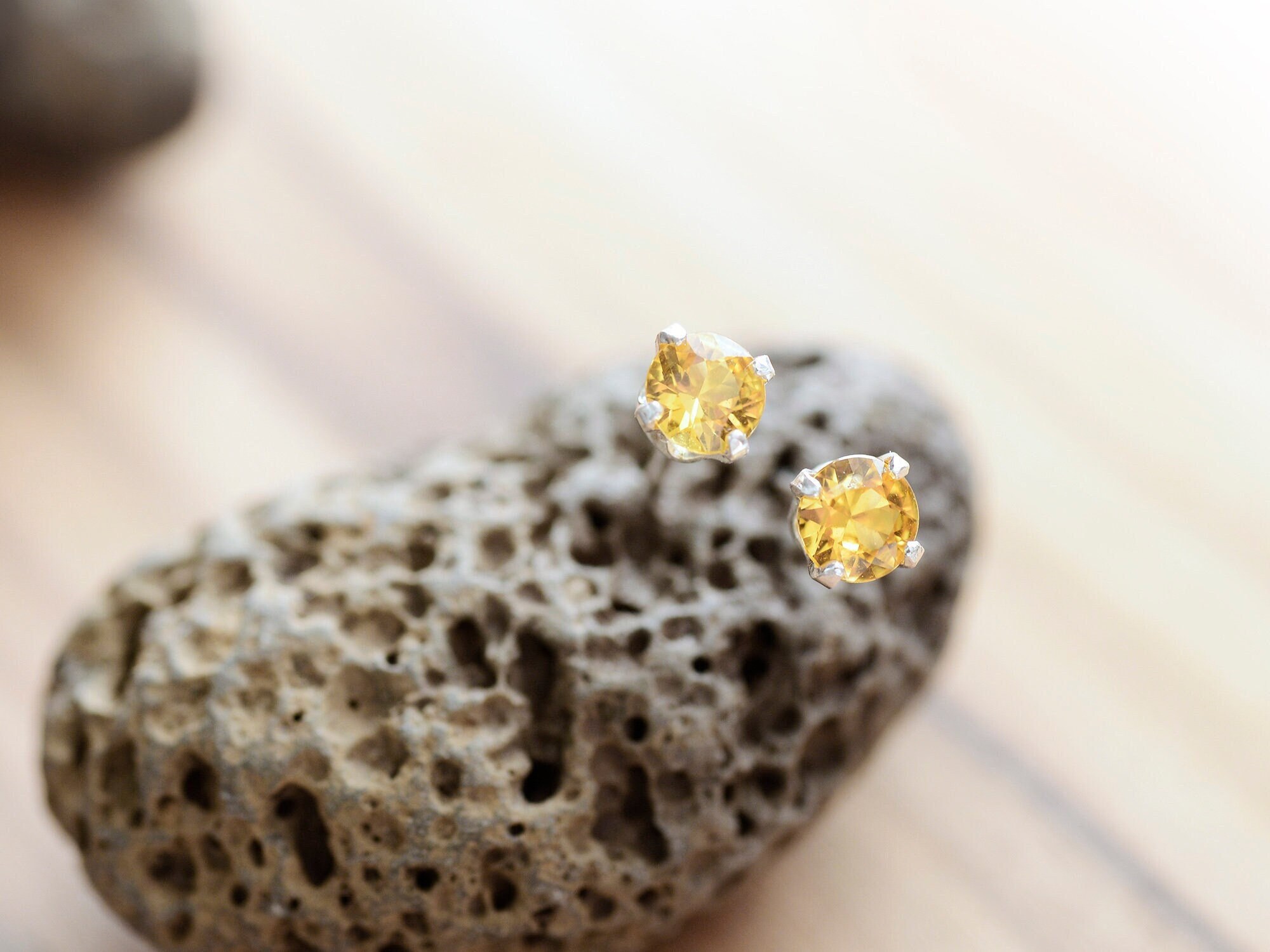 Yellow Sapphire Stud Earrings: 4mm Sterling Silver Gemstone Studs, Genuine Songea Sapphires, September Birthstone