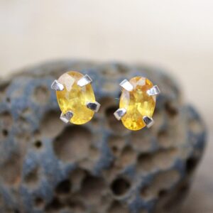 Yellow Sapphire Stud Earrings: Sterling Silver Prong Setting, September Birthstone