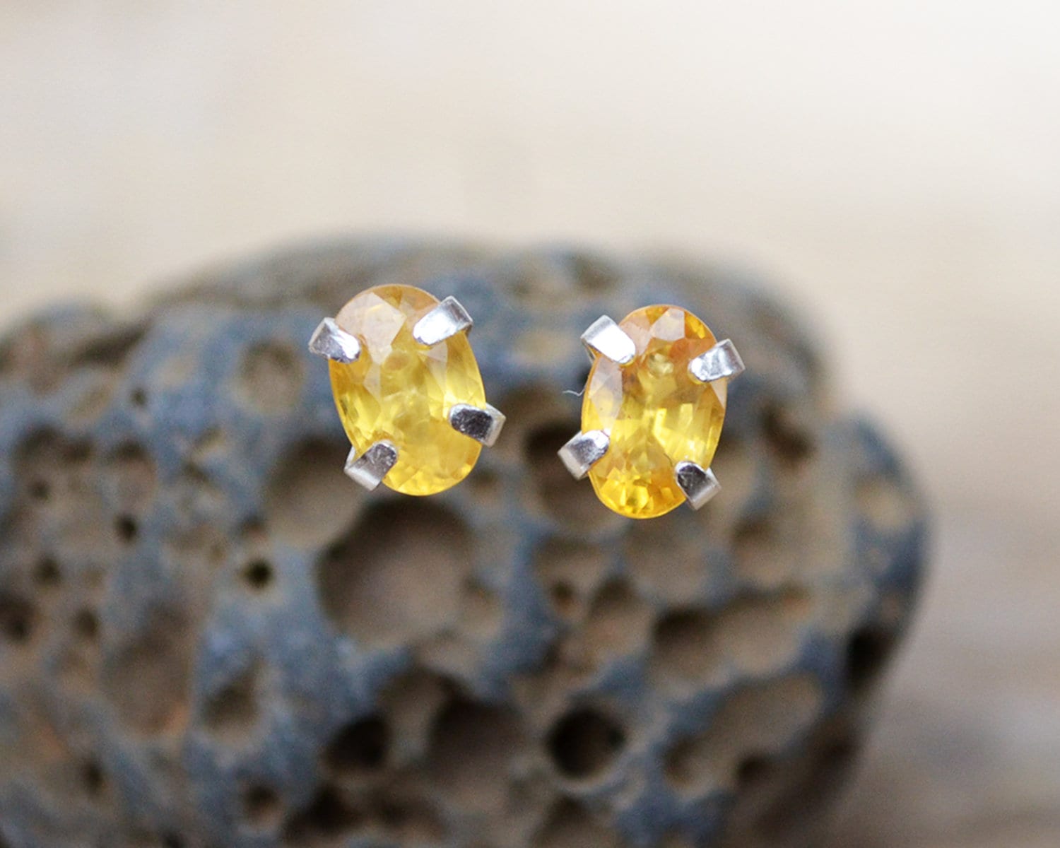 Yellow Sapphire Stud Earrings: Sterling Silver Prong Setting, September Birthstone