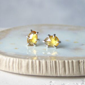 Yellow Sapphire Studs, Different Silver Earrings, Natural Rose Cut Stone, Artisan Asymmetric Earrings
