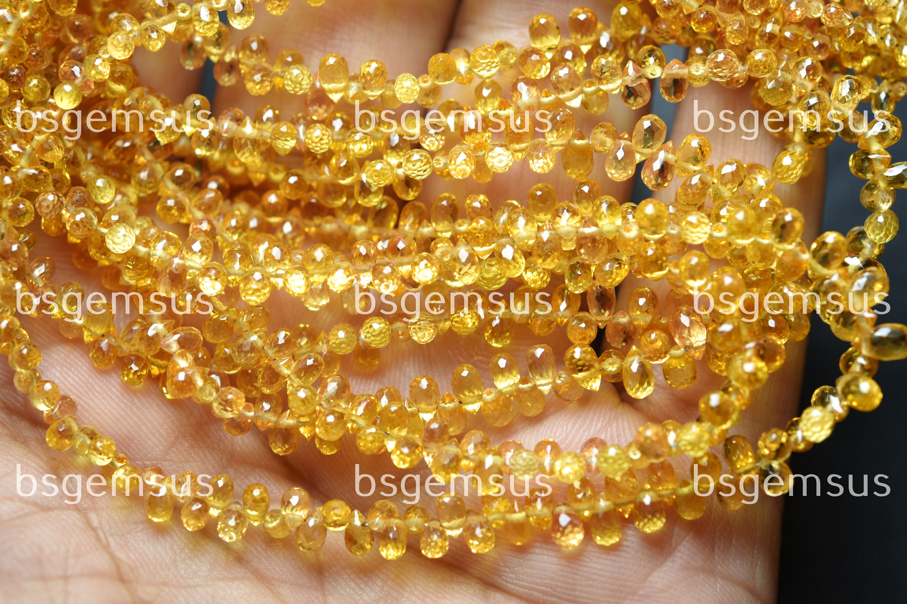 6 Inches Strand, Superb-finest Quality, Natural Yellow Sapphire Faceted Drops,size. 3-4m