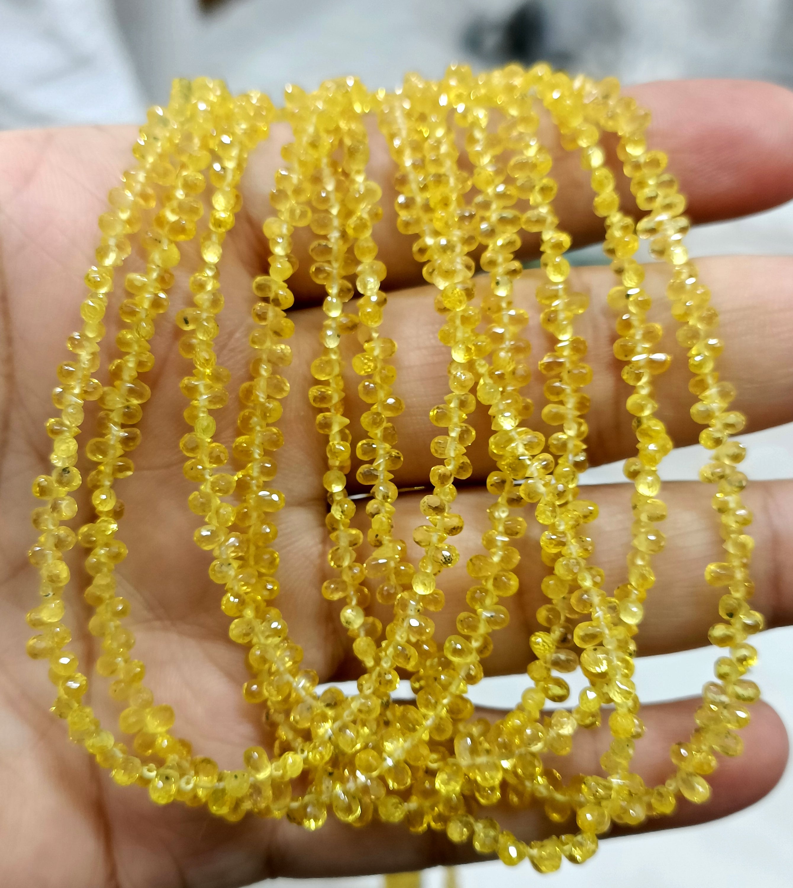 6 Inches Strand, Superb-finest Quality, Natural Yellow Sapphire Faceted Drops,size. 3-4m