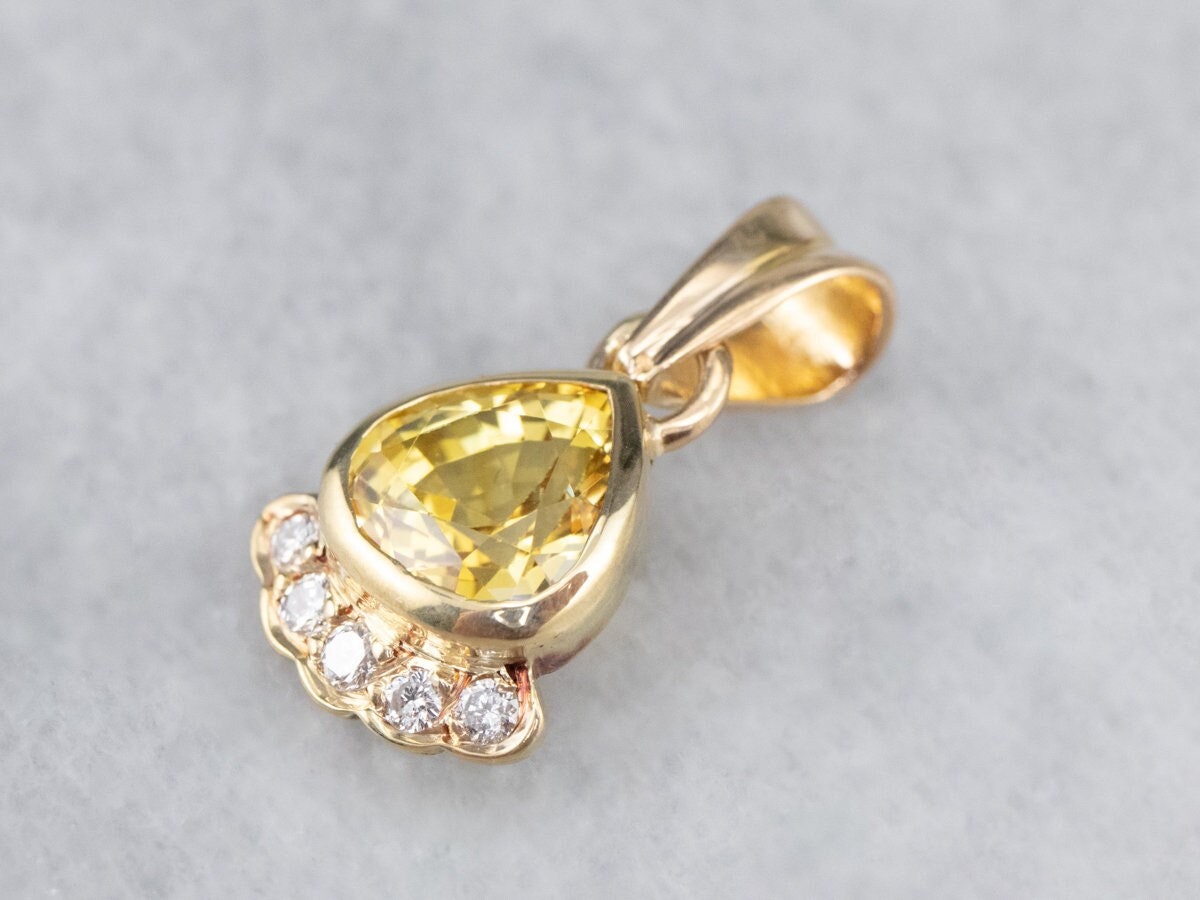 18k Gold Yellow Sapphire Pear Pendant, Diamond Accents