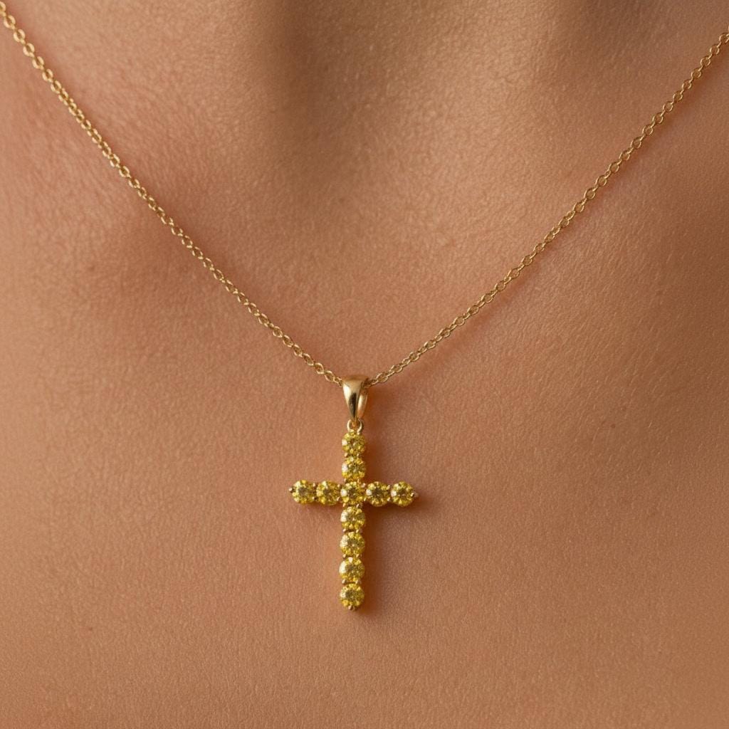 Sapphire Cross Pendant / Gold Cross Pendant / Sapphire Cross / 14k Solid Gold / 925 Silver Cross Pendant With Yellow Sapphires