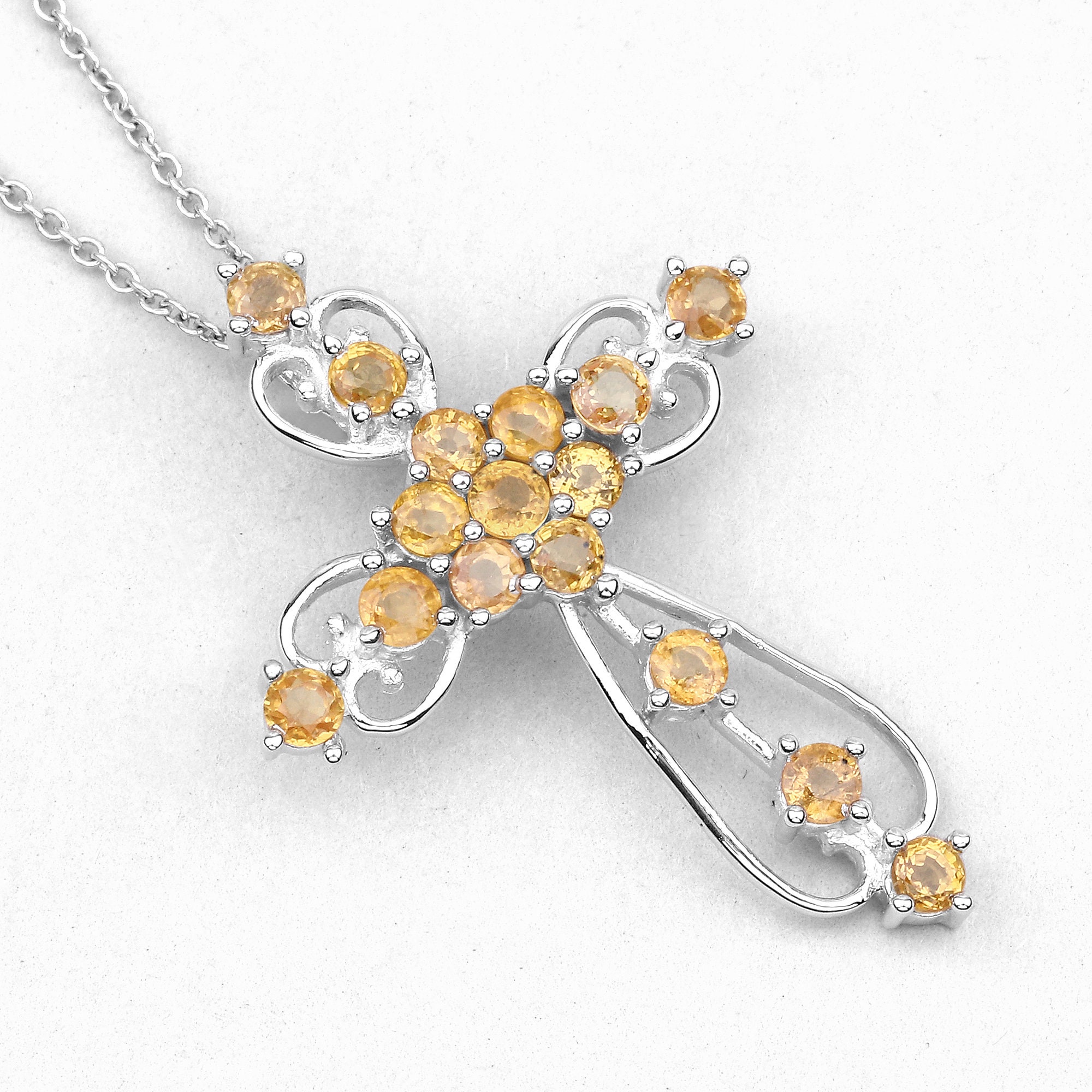 Sapphire Cross Pendant, Natural Yellow Sapphire Cross Pendant, .925 Sterling Silver, September Birthstone, Yellow Gemstone Cross Pendant