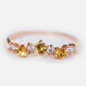 14K Solid Gold Yellow Sapphire Diamond Cluster Ring, Dainty Stacking Band, September Birthstone Gift