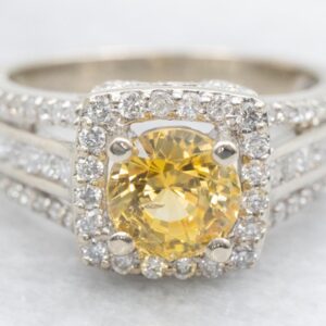 14K White Gold Yellow Sapphire Diamond Halo Engagement Ring