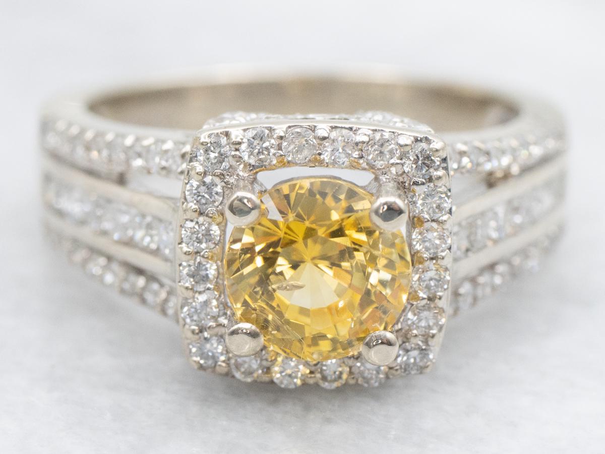 14k White Gold Yellow Sapphire Diamond Halo Engagement Ring