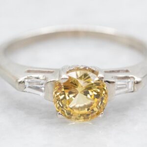 1950s Yellow Sapphire Diamond Engagement Ring, 14K White Gold