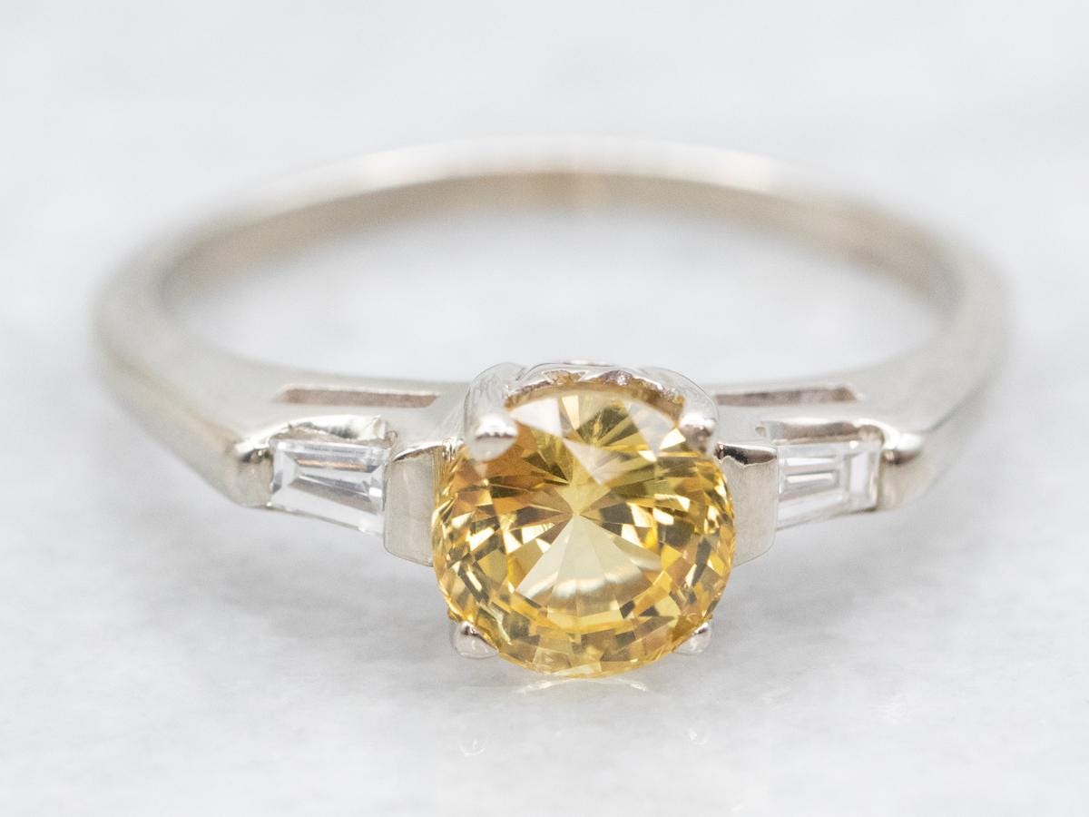 1950s Yellow Sapphire Diamond Engagement Ring, 14k White Gold