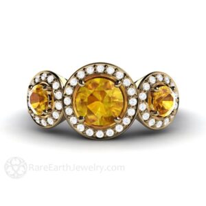 3 Stone Yellow Sapphire Engagement Ring Three Stone Sapphire Ring Diamond Halo 14k Or 18k Gold Yellow Stone Ring
