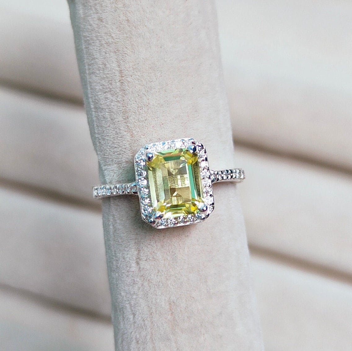 Yellow Sapphire Ring, 925 Sterling Silver Ring, Octagon Cut Yellow Sapphire Halo Ring, Sapphire Wedding Ring Lab Grown Yellow Sapphire Ring