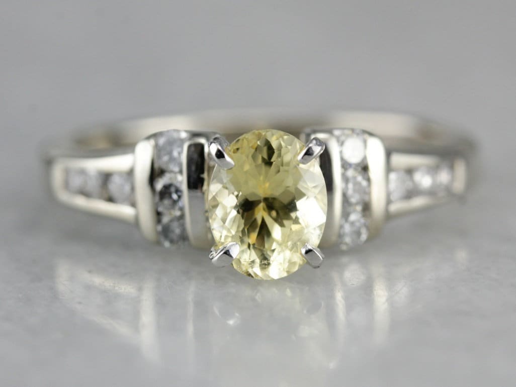 Yellow Sapphire And Diamond 14k White Gold Engagement Ring, Size 6 Yellow Sapphire And Diamond 14k White Gold Engagement Ring, Size 6