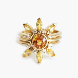 Bohemian Engagement Ring Set, Orange Sapphire Ring, Gold Sun Ring, Sunshine Ring With Yellow Sapphire Bohemian Engagement Ring Set, Orange Sapphire Ring, Gold Sun Ring, Sunshine Ring With Yellow Sapphire