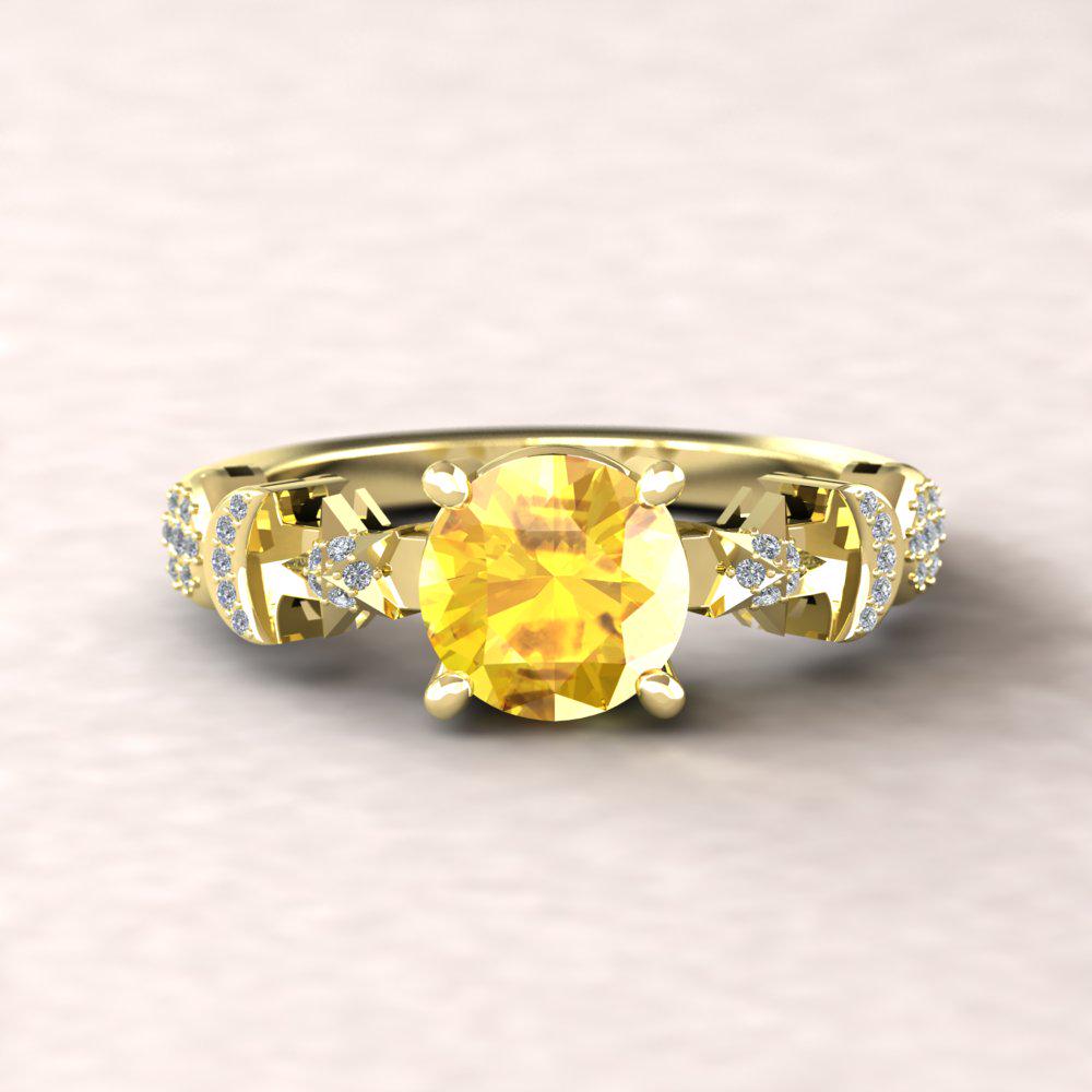 Yellow Sapphire Celestial Ring Round Cut With Sun Moon And Star Design, Lifetime Care Plan Included, Genuine Gems And Diamonds Ls5891