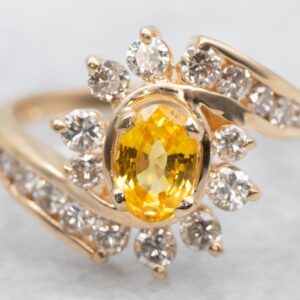Yellow Sapphire Diamond Halo Ring, 14K Gold Bypass Design