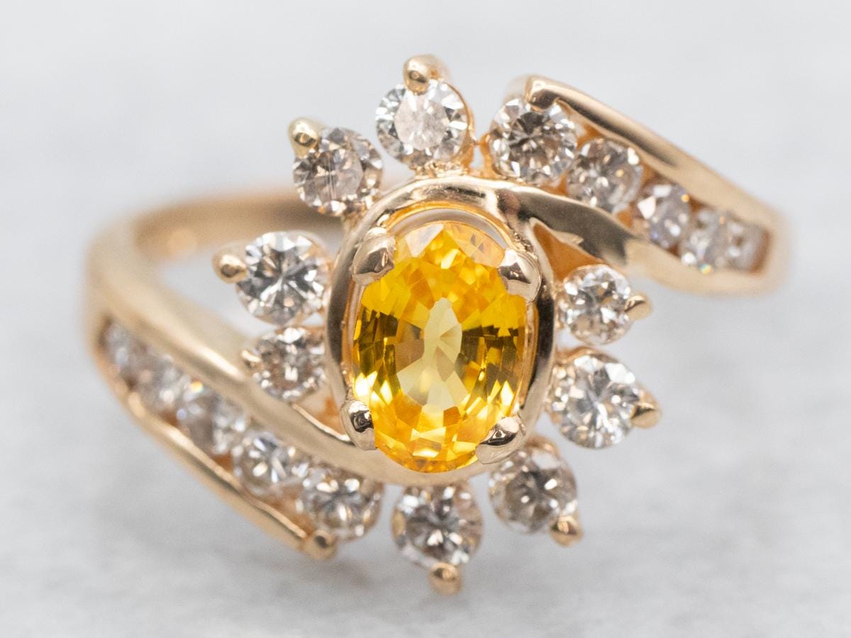 Yellow Sapphire Diamond Halo Ring, 14k Gold Bypass Design