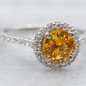 Yellow Sapphire Diamond Halo Ring, 14K White Gold