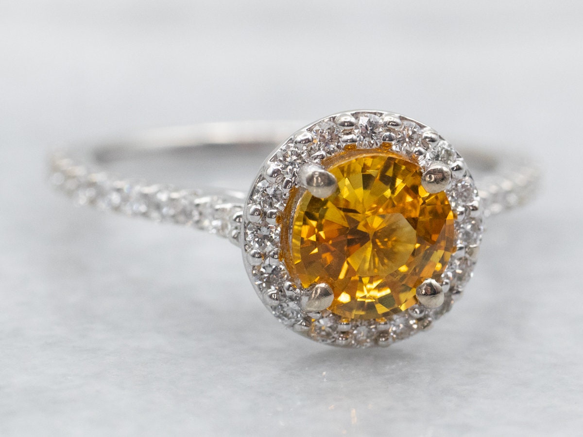 Yellow Sapphire Diamond Halo Ring, 14k White Gold