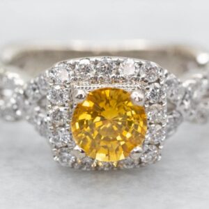 Yellow Sapphire Diamond Halo Engagement Ring, 14K White Gold
