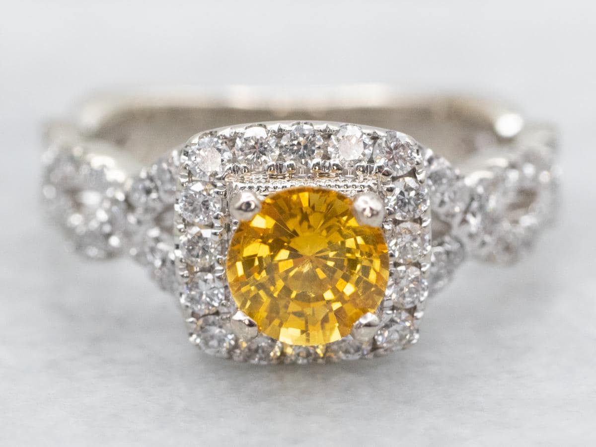 Yellow Sapphire Diamond Halo Engagement Ring, 14k White Gold