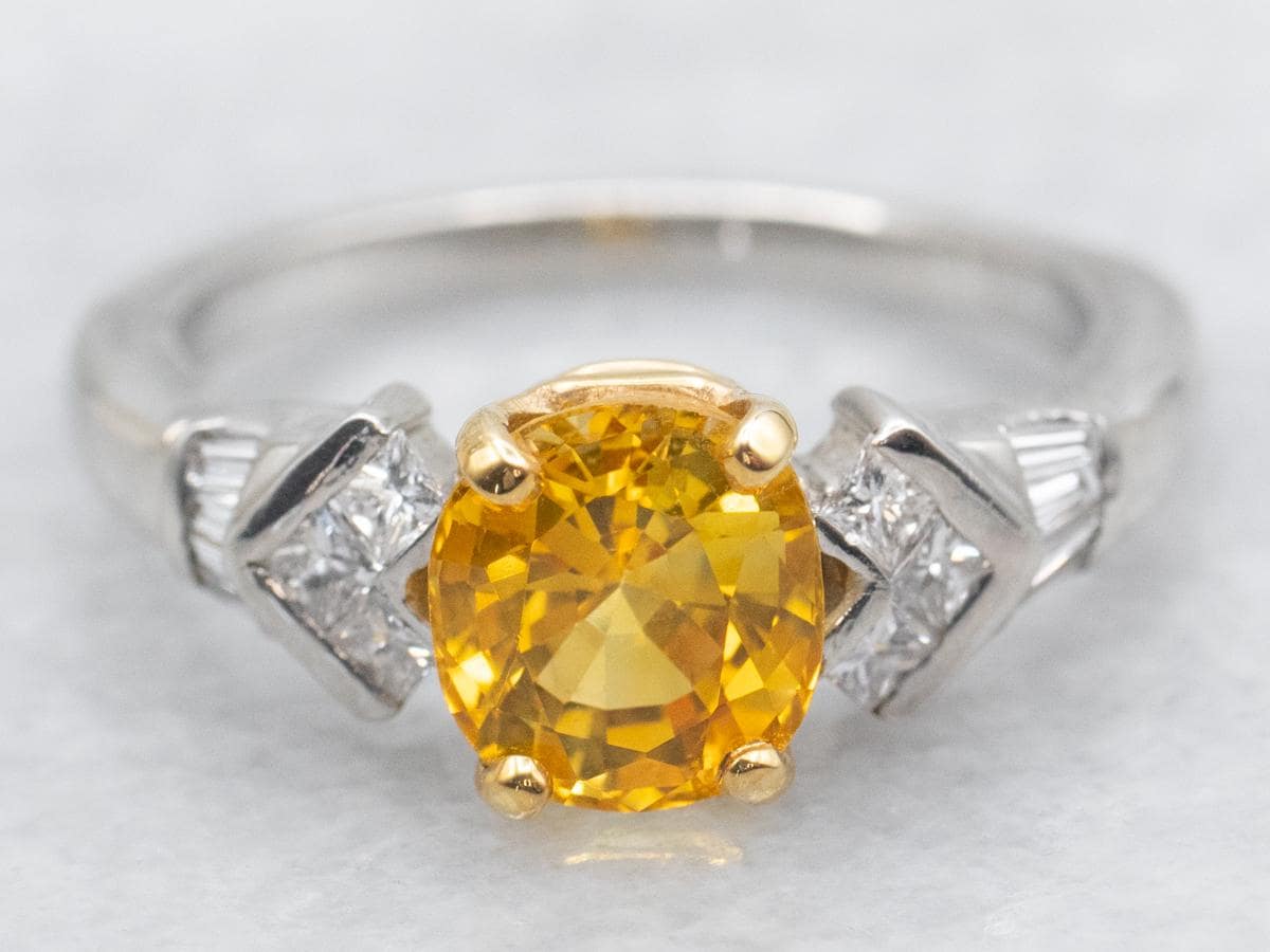 Yellow Sapphire Diamond Platinum Engagement Ring, Rectangle Cushion Cut