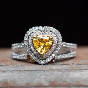 Double Diamond Halo Ring Set, Heart Yellow Sapphires, Cathedral Shank – Lifetime Care Plan Included - Genuine Gems And Diamonds - Ls7191