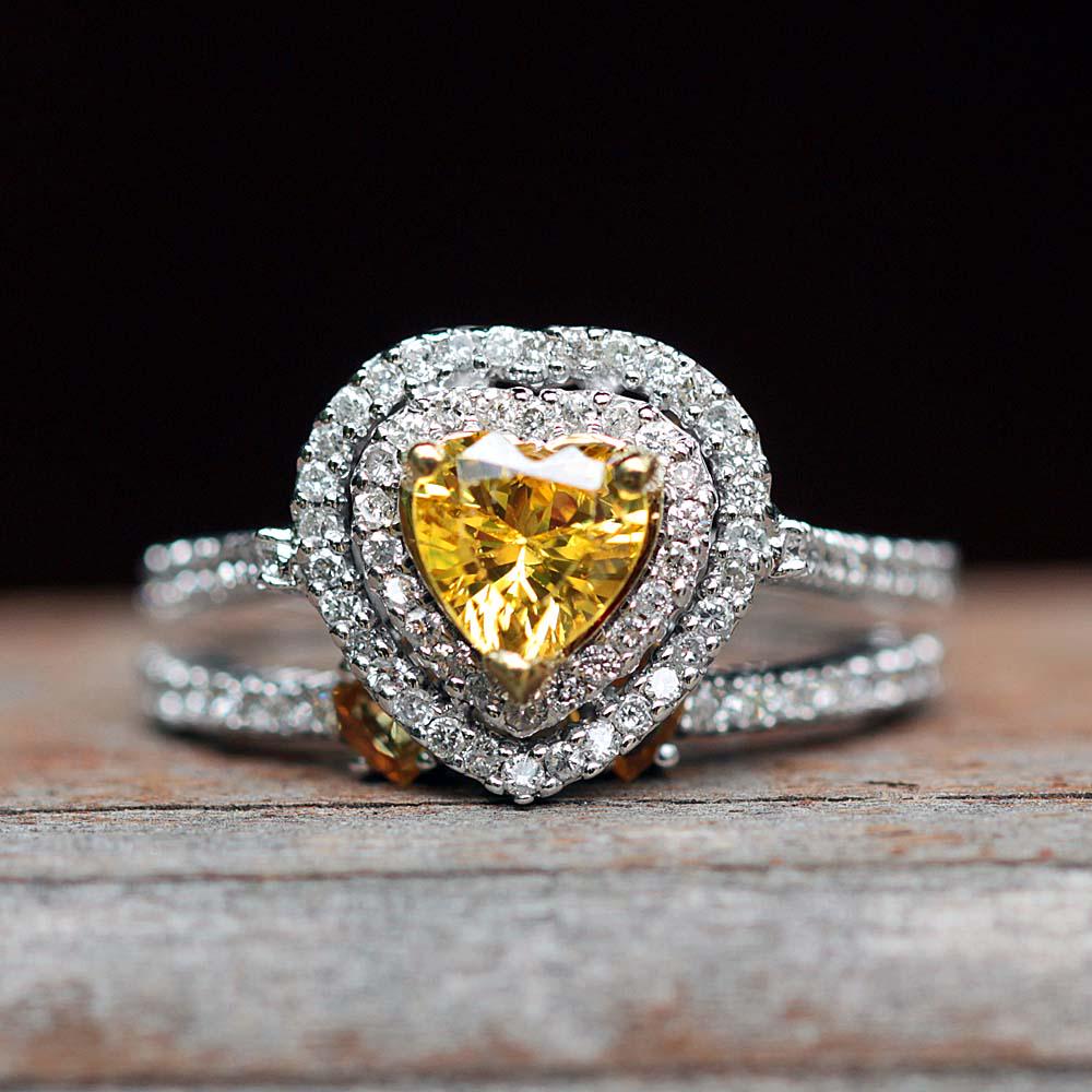 Double Diamond Halo Ring Set, Heart Yellow Sapphires, Cathedral Shank – Lifetime Care Plan Included - Genuine Gems And Diamonds - Ls7191 Double Diamond Halo Ring Set, Heart Yellow Sapphires, Cathedral Shank – Lifetime Care Plan Included - Genuine Gems And Diamonds - Ls7191